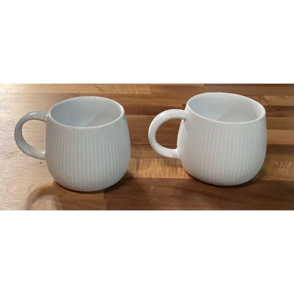Set of 2 World Market White Coffee Mug Cups 3" Tall Embossed Ribbed - Picture 6 of 11